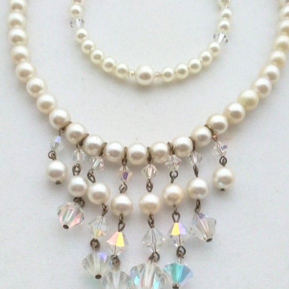 Vintage Faux Pearls AB Crystal Necklace set - Picture 2 of 8